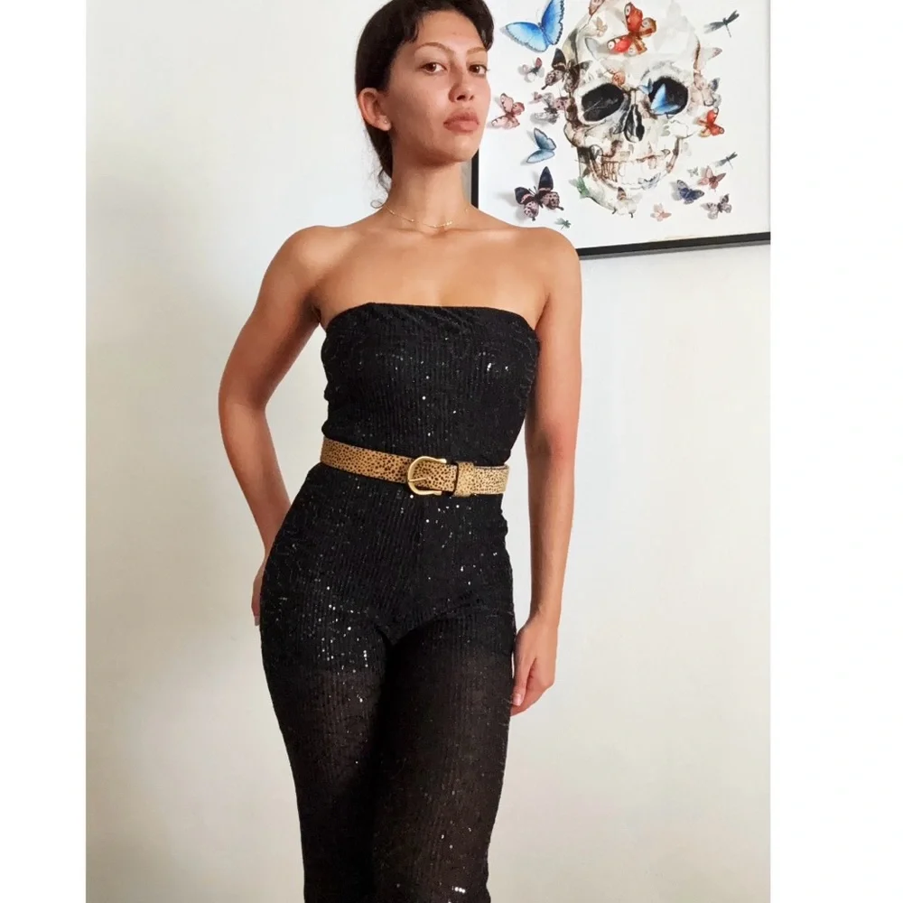 Black Strapless Sequin Jumpsuit โจ - Picture 2 of 6